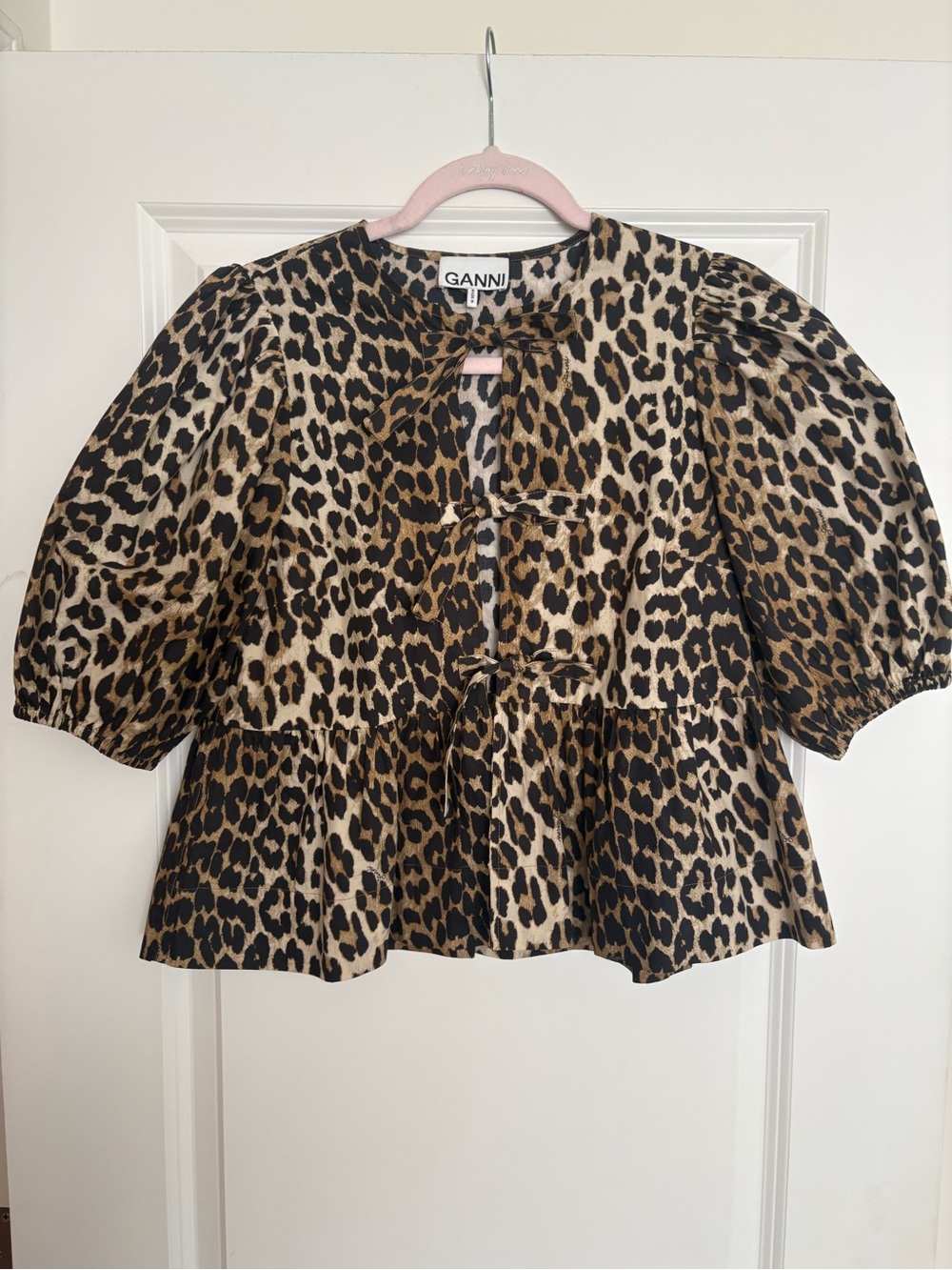 Ganni Leopard Print Puff Sleeve Tie-Front Top - Brown/Black/Cream
